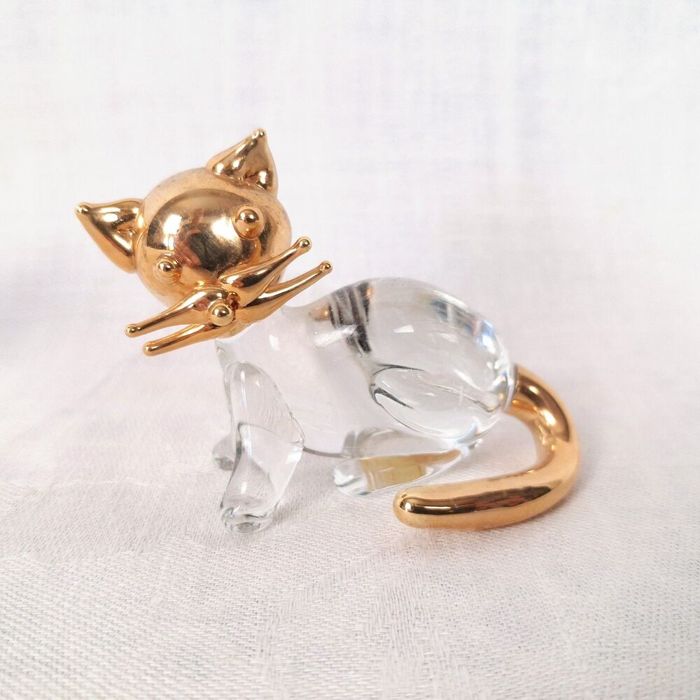 Vintage Hand-Blown Clear Glass Cat Figurines with 22k Gold Accents Set of 2